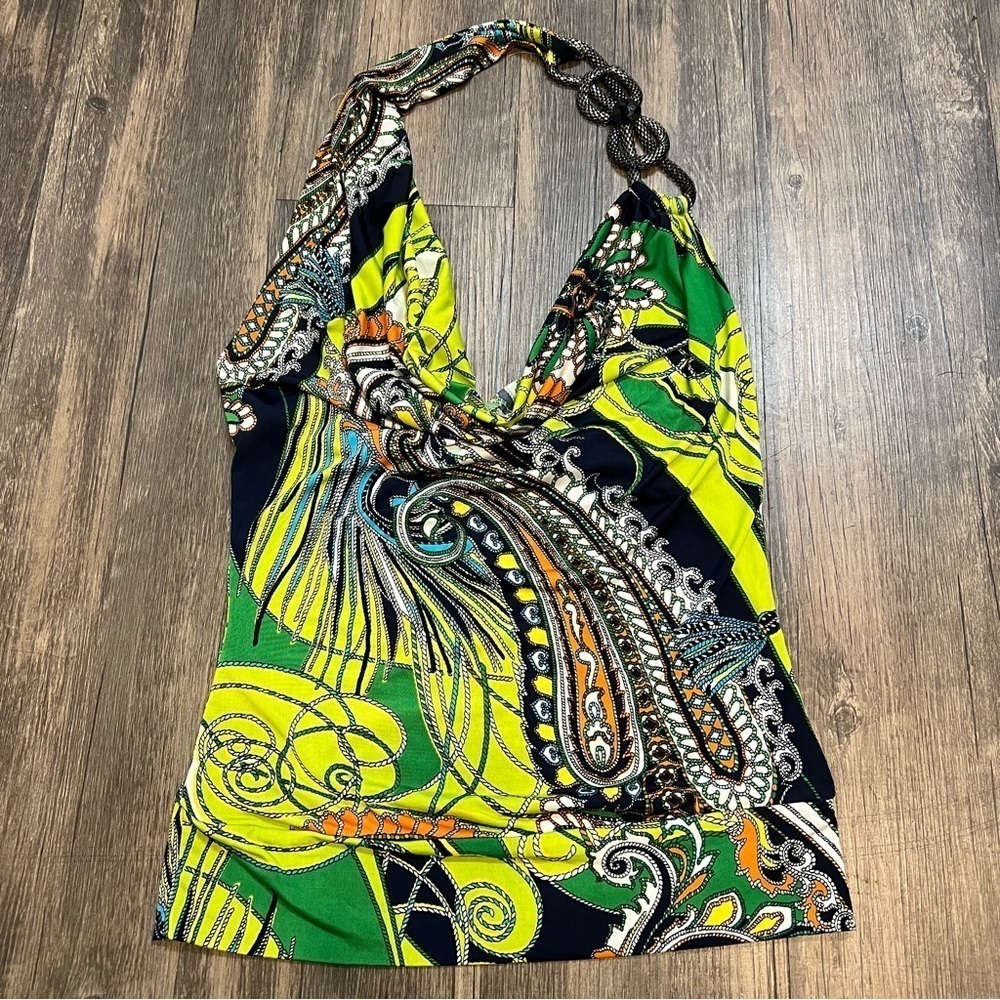 Women’s Halter Tank Top - Green & Yellow Paisley Print